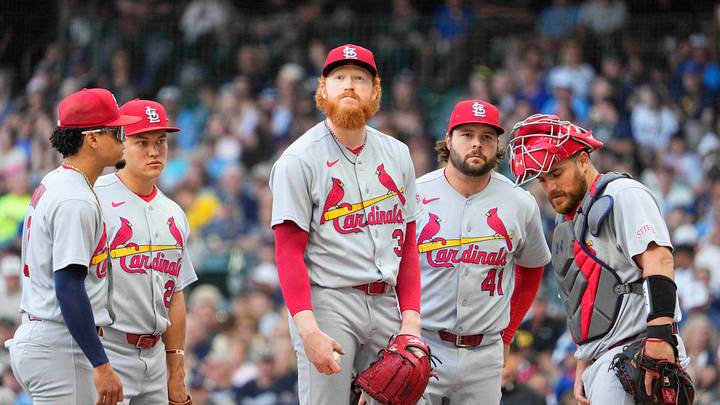 May 27, 2026; Milwaukee, Wisconsin, USA; St. Louis Cardinals pitcher Dustin May (3) waits as Cardinals manager Oliver Marmol (not pictured) walks onto the field to put in a reliever against the Milwaukee Brewers in the eighth inning at American Family Field. Mandatory Credit: Michael McLoone-Imagn Images May 27, 2026; Milwaukee, Wisconsin, USA; St. Louis Cardinals pitcher Dustin May (3) waits as Cardinals manager Oliver Marmol (not pictured) walks onto the field to put in a reliever against the Milwaukee Brewers in the eighth inning at American Family Field. Mandatory Credit: Michael McLoone-Imagn Images