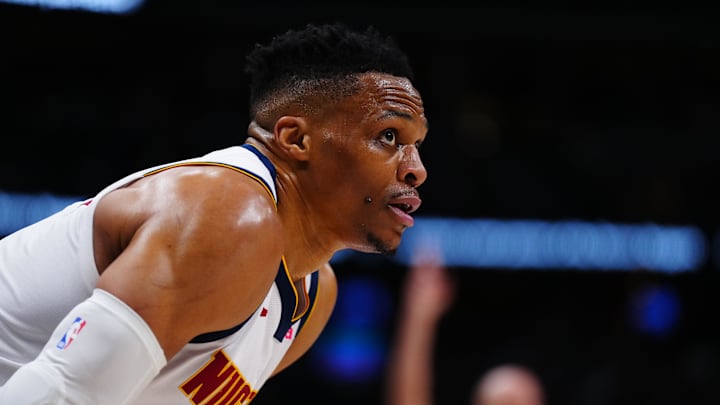 Apr 11, 2025; Denver, Colorado, USA; Denver Nuggets guard Russell Westbrook (4) during the second half against the Memphis Grizzlies at Ball Arena. Apr 11, 2025; Denver, Colorado, USA; Denver Nuggets guard Russell Westbrook (4) during the second half against the Memphis Grizzlies at Ball Arena.