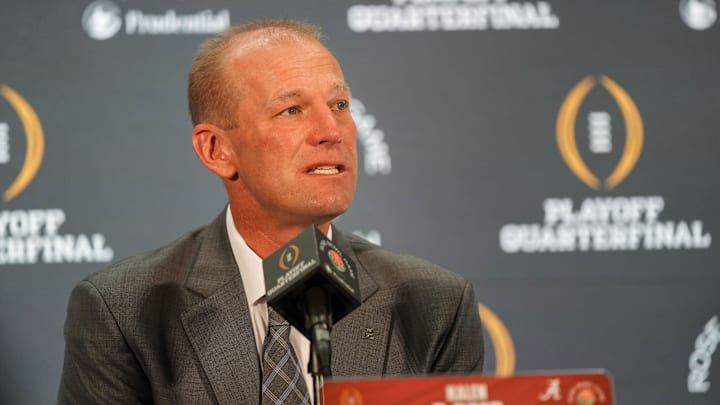 Alabama Crimson Tide head coach Kalen Deboer answers questions Wednesday, Dec. 31, 2025, during a coaches press conference ahead of the Rose Bowl at the Sheraton Grand Los Angeles.