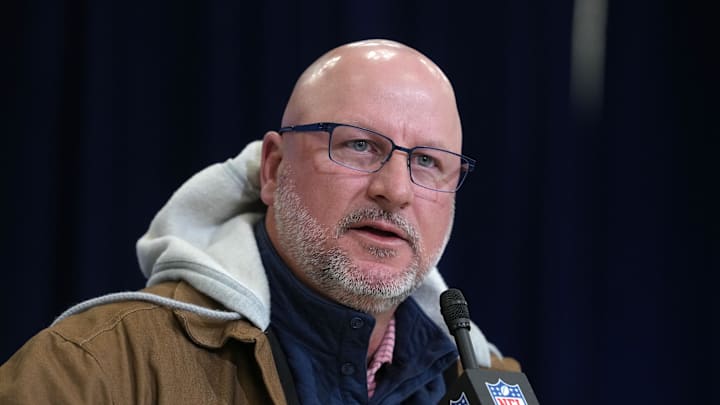 Feb 24, 2026; Indianapolis, IN, USA; Los Angeles Chargers general manager Joe Hortiz speaks at the NFL Scouting Combine at the Indiana Convention Center. Mandatory Credit: Kirby Lee-Imagn Images