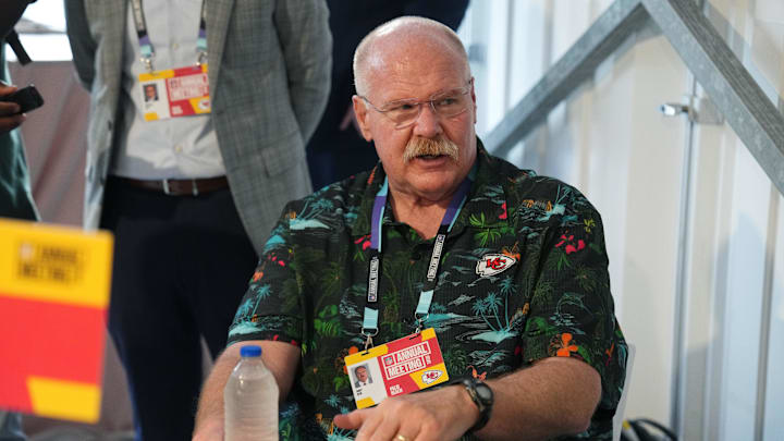 Mar 31, 2025; Palm Beach, FL, USA;  Kansas City Chiefs head coach Andy Reid answers questions from the media during the NFL Annual League Meeting at The Breakers. Mandatory Credit: Jim Rassol-Imagn Images