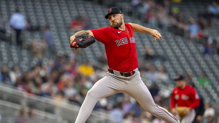 Apr 13, 2026; Minneapolis, Minnesota, USA; Boston Red Sox starting pitcher Garrett Crochet (35) delivers a pitch against the Minnesota Twins in the first inning at Target Field. Mandatory Credit: Jesse Johnson-Imagn Images