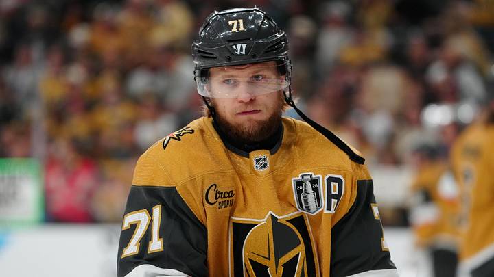 Jun 9, 2026; Las Vegas, Nevada, USA; Vegas Golden Knights center William Karlsson (71) warms up before game four of the 2026 Stanley Cup Final against the Carolina Hurricanes at T-Mobile Arena. Mandatory Credit: Stephen R. Sylvanie-Imagn Images