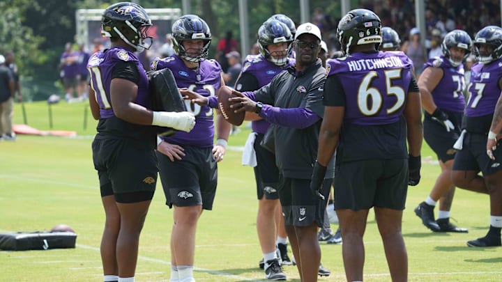 Jul 23, 2025; Owings Mills, MD, USA; Baltimore Ravens offensive line goes through drills during training camp at the Under Armour Performance Center. Mandatory Credit: Mitch Stringer-Imagn Images