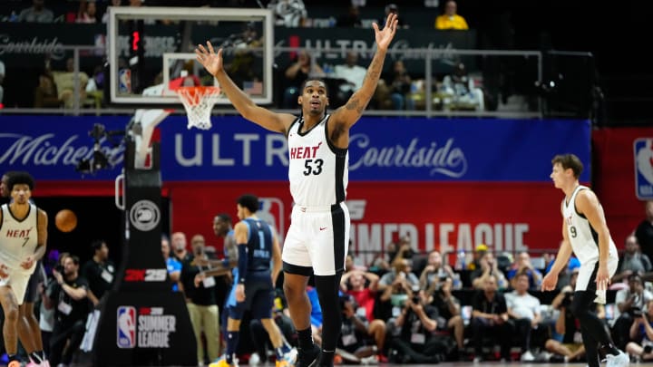 Jul 22, 2024; Las Vegas, NV, USA; Miami Heat guard Josh Christopher (53) reacts after scoring against the Memphis Grizzlies during the overtime at Thomas & Mack Center. Mandatory Credit: Lucas Peltier-USA TODAY Sports Jul 22, 2024; Las Vegas, NV, USA; Miami Heat guard Josh Christopher (53) reacts after scoring against the Memphis Grizzlies during the overtime at Thomas & Mack Center. Mandatory Credit: Lucas Peltier-USA TODAY Sports