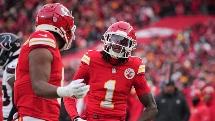 Jan 18, 2025; Kansas City, Missouri, USA; Kansas City Chiefs wide receiver Xavier Worthy (1) reacts after a pass reception against the Houston Texans during the first quarter of a 2025 AFC divisional round game at GEHA Field at Arrowhead Stadium.