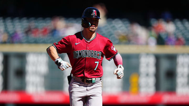 Arizona Diamondbacks outfielder Corbin Carroll (7) celebrates his solo home run in the first inning against the Colorado Rockies at Coors Field on Sept 18.