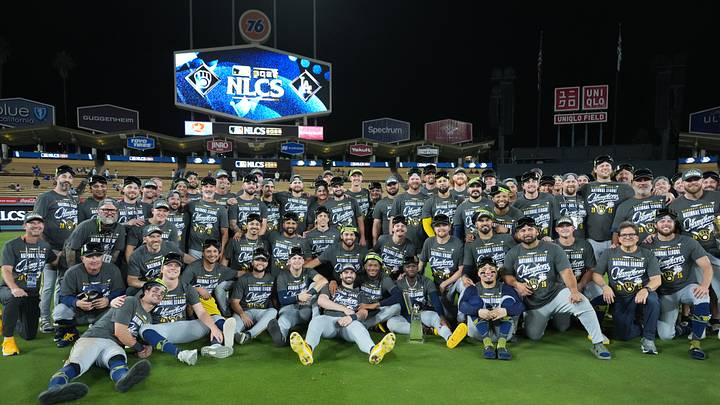 Oct 15, 2026; Los Angeles, California, USA;  Milwaukee Brewers celebrate after winning the NLCS for the 2026 MLB Playoffs against the Los Angeles Dodgers at Uniqlo Field at Dodger Stadium.  Mandatory Credit: Kirby Lee-Imagn Images