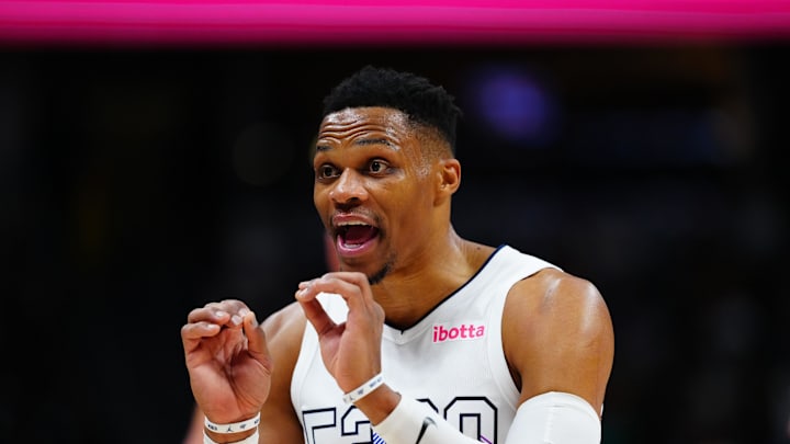 Dec 23, 2024; Denver, Colorado, USA;  Denver Nuggets guard Russell Westbrook (4) calls out in the second half against the Phoenix Suns at Ball Arena. Mandatory Credit: Ron Chenoy-Imagn Images
