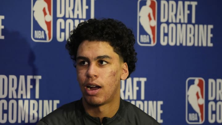 May 14, 2025; Chicago, Il, USA; Will Riley talks to the media during the 2025 NBA Draft Combine at Marriott Marquis Chicago. Mandatory Credit: David Banks-Imagn Images