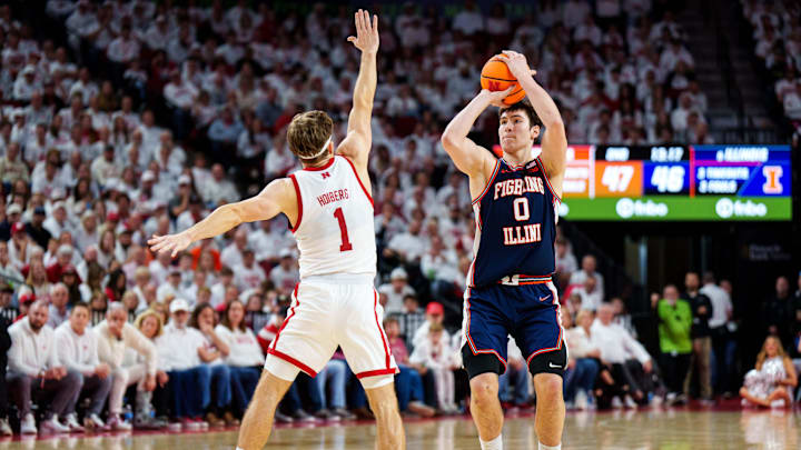 Illinois Fighting Illini forward David Mirkovic (0) shoots against Nebraska Cornhuskers guard Sam Hoiberg (1) during the second half at Pinnacle Bank Arena. Illinois Fighting Illini forward David Mirkovic (0) shoots against Nebraska Cornhuskers guard Sam Hoiberg (1) during the second half at Pinnacle Bank Arena.