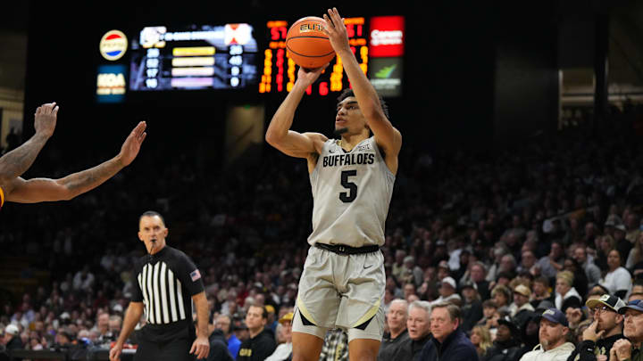 Dec 30, 2024; Boulder, Colorado, USA; Colorado Buffaloes guard RJ Smith (5) lines up a shot in the second half against the Iowa State Cyclones at CU Events Center. Mandatory Credit: Ron Chenoy-Imagn Images Dec 30, 2024; Boulder, Colorado, USA; Colorado Buffaloes guard RJ Smith (5) lines up a shot in the second half against the Iowa State Cyclones at CU Events Center. Mandatory Credit: Ron Chenoy-Imagn Images