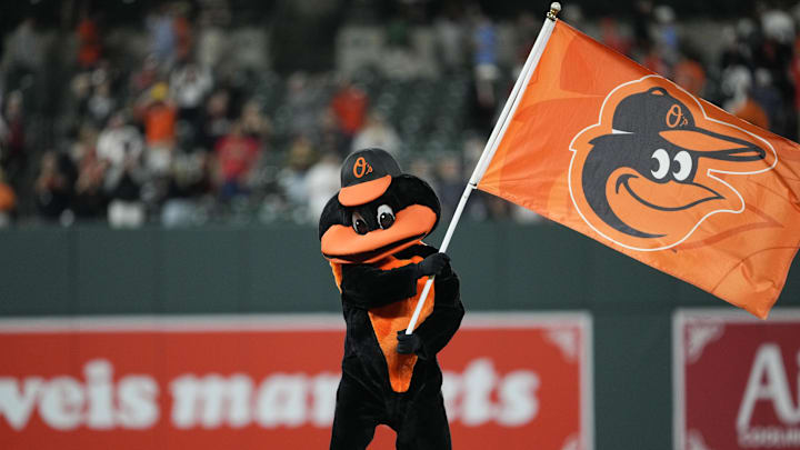 May 10, 2023; Baltimore, Maryland, USA; the Baltimore Orioles mascot waves a flag