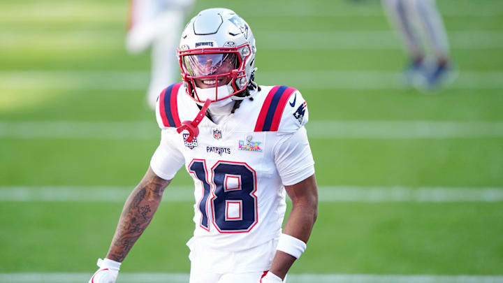 Feb 8, 2026; Santa Clara, CA, USA; New England Patriots wide receiver Kyle Williams (18) warms up before the game against the Seattle Seahawks in Super Bowl LX at Levi's Stadium. Mandatory Credit: Darren Yamashita-Imagn Images