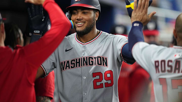 Apr 11, 2025; Miami, Florida, USA; Washington Nationals designated hitter James Wood (29) celebrates a home run in the ninth inning against the Miami Marlins at loanDepot Park.