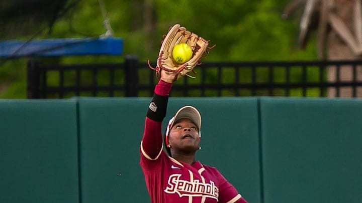 Florida St. Seminoles outfielder Jahni Kerr (4) catches a fly ball for an out in the bottom of the fourth. The Florida women   s softball team hosted FSU at Katie Seashole Pressly Stadium in Gainesville, FL on Wednesday, May 3, 2023. The Seminoles defeated the Gators 8-7.  [Doug Engle/Gainesville Sun]

Flgai 050523 Fsu Uf Softball