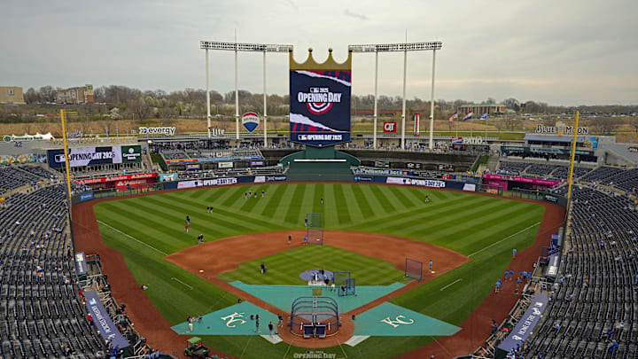 Mar 27, 2025; Kansas City, Missouri, USA; A general view of the field prior to a game between the Kansas City Royals and the Cleveland Guardians at Kauffman Stadium. Mandatory Credit: Jay Biggerstaff-Imagn Images