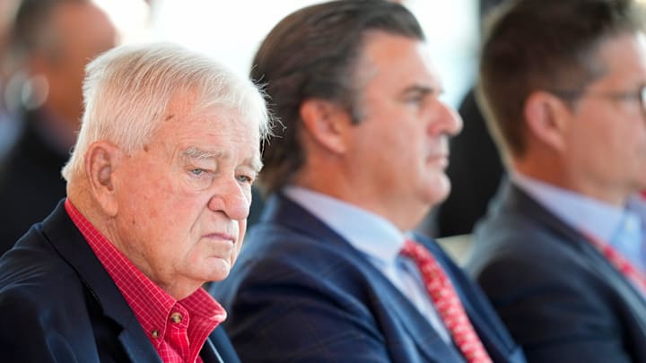 Team owner Bob Castellini sits in the front row during an event to introduce the new manager of the Cincinnati Reds at Great American Ball Park in downtown Cincinnati on Monday, Oct. 7, 2024.