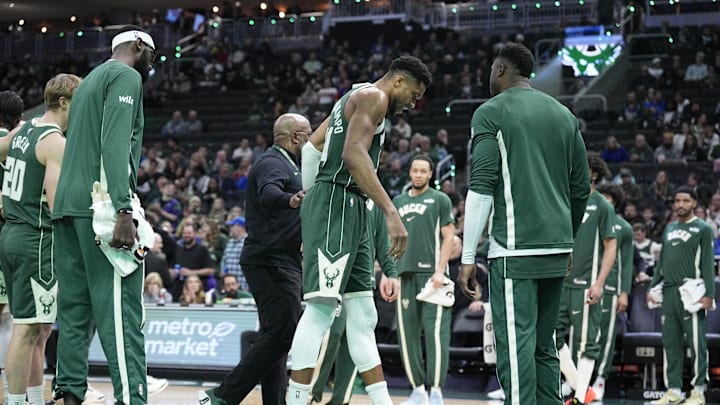 Dec 3, 2025; Milwaukee, Wisconsin, USA; Milwaukee Bucks forward Giannis Antetokounmpo (34) grimaces as he limps off the court after going down with an injury in the first half against the Detroit Pistons at Fiserv Forum. Mandatory Credit: Michael McLoone-Imagn Images Dec 3, 2025; Milwaukee, Wisconsin, USA; Milwaukee Bucks forward Giannis Antetokounmpo (34) grimaces as he limps off the court after going down with an injury in the first half against the Detroit Pistons at Fiserv Forum. Mandatory Credit: Michael McLoone-Imagn Images