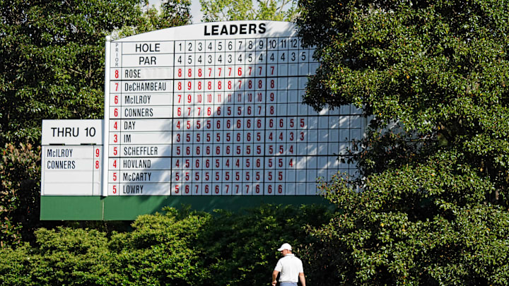 McIlroy walks along on the 11th green during the Masters. 