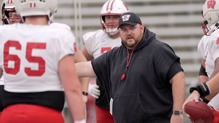 Wisconsin offensive line coach Eric Mateos is shown during practice Thursday, August 13, 2026 at Camp Randall Stadium in Madison, Wisconsin.