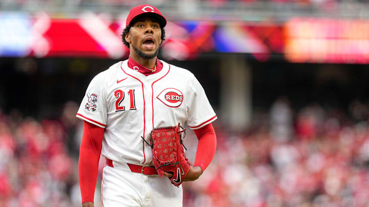 Cincinnati Reds pitcher Hunter Greene (21) celebrates as he walks off the mound in the second inning of the MLB Opening Day game between the Cincinnati Reds and the San Francisco Giants at Great American Ball Park in downtown Cincinnati on Thursday, March 27, 2025. The Reds led 3-0 after three innings.