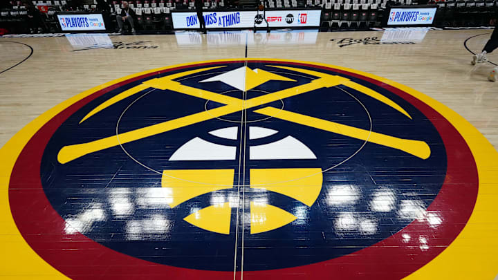 May 3, 2025; Denver, Colorado, USA; General view at center court of Ball Arena before the game between the LA Clippers against the Denver Nuggets during game seven of first round for the 2025 NBA Playoffs. Mandatory Credit: Ron Chenoy-Imagn Images