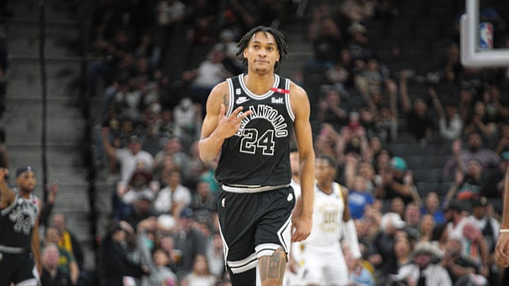 Mar 2, 2023; San Antonio, Texas, USA; San Antonio Spurs guard Devin Vassell (24) celebrates a