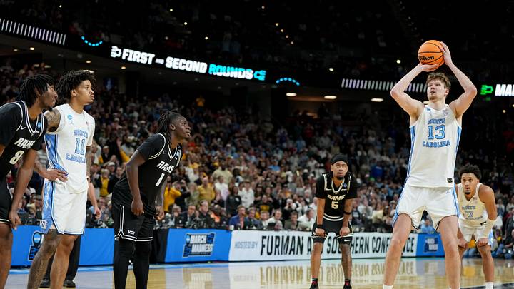 Mar 19, 2026; Greenville, SC, USA; North Carolina Tar Heels center Henri Veesaar (13) misses a free throw against the VCU Rams in overtime of a first round game of the men's 2026 NCAA Tournament at Bon Secours Wellness Arena. Mandatory Credit: Bob Donnan-Imagn Images Mar 19, 2026; Greenville, SC, USA; North Carolina Tar Heels center Henri Veesaar (13) misses a free throw against the VCU Rams in overtime of a first round game of the men's 2026 NCAA Tournament at Bon Secours Wellness Arena. Mandatory Credit: Bob Donnan-Imagn Images