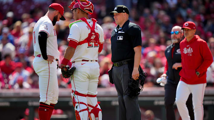 Cincinnati Reds pitcher Tejay Antone (70) exits the game after throwing one pitch in the sixth inning of an MLB baseball game against the New York Mets, Sunday, April 7, 2024, at Great American Ball Park in Cincinnati.