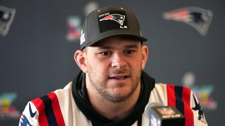 Feb 5, 2026; Santa Clara, CA, USA; New England Patriots center Garrett Bradbury (65) talks to media members at Santa Clara Marriott. Mandatory Credit: Darren Yamashita-Imagn Images