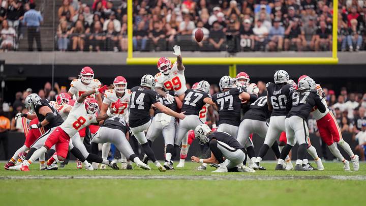 Oct 4, 2026; Paradise, Nevada, USA; Las Vegas Raiders placekicker Matt Gay (14) kicks a forty-eight yard field goal held by punter AJ Cole (6) against the Kansas City Chiefs during the second quarter at Allegiant Stadium. Mandatory Credit: Joe Camporeale-Imagn Images Oct 4, 2026; Paradise, Nevada, USA; Las Vegas Raiders placekicker Matt Gay (14) kicks a forty-eight yard field goal held by punter AJ Cole (6) against the Kansas City Chiefs during the second quarter at Allegiant Stadium. Mandatory Credit: Joe Camporeale-Imagn Images