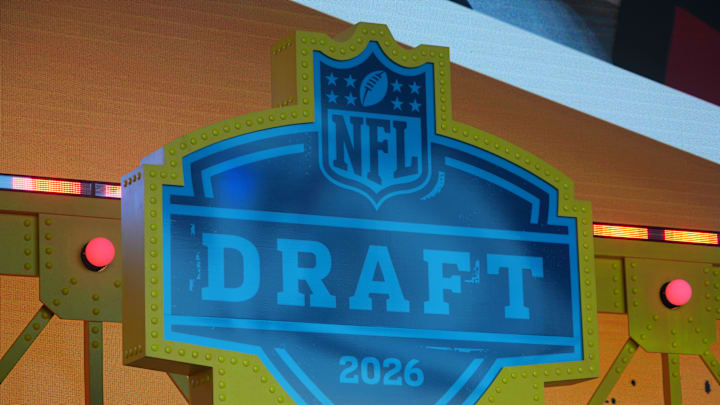 Apr 22, 2026; Pittsburgh, PA, USA; The 2026 NFL Draft logo on the Draft theater stage at Acrisure Stadium. Mandatory Credit: Kirby Lee-Imagn Images