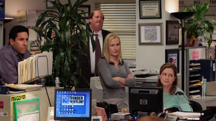 THE OFFICE -- "Junior Salesman" Episode 914 -- Pictured: (l-r) Oscar Nunez as Oscar Martinez, Brian Baumgartner as Kevin Malone, Angela Kinsey as Angela Martin, Jenna Fischer as Pam Beesly -- (Photo by: Chris Haston/NBCU Photo Bank/NBCUniversal via Getty Images via Getty Images)