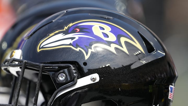 Aug 24, 2024; Green Bay, Wisconsin, USA;  General view of a Baltimore Ravens helmet prior to the game against the Green Bay Packers at Lambeau Field. Mandatory Credit: Jeff Hanisch-Imagn Images