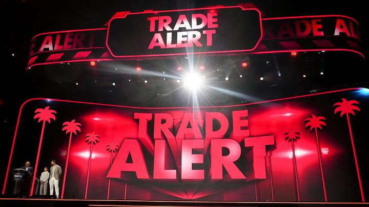 Jun 27, 2025; Los Angeles, California, USA; NHL Commissioner Gary Bettman announces a trade between Pittsburgh Penguins and Philadelphia Flyers for the 12th overall pick in the first round of the 2025 NHL Draft at Peacock Theater. Mandatory Credit: Kirby Lee-Imagn Images
