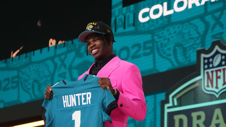 Apr 24, 2025; Green Bay, WI, USA; Colorado Buffaloes wide receiver Travis Hunter is selected by the Jacksonville Jaguars as the number two pick in the first round of the 2025 NFL Draft at Lambeau Field. Mandatory Credit: Kirby Lee-Imagn Images Apr 24, 2025; Green Bay, WI, USA; Colorado Buffaloes wide receiver Travis Hunter is selected by the Jacksonville Jaguars as the number two pick in the first round of the 2025 NFL Draft at Lambeau Field. Mandatory Credit: Kirby Lee-Imagn Images