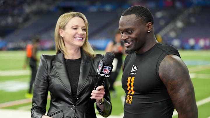 NFL Network reporter Stacey Dales interviews Notre Dame running back Jeremiyah Love (RB11) during the NFL Scouting Combine NFL Network reporter Stacey Dales interviews Notre Dame running back Jeremiyah Love (RB11) during the NFL Scouting Combine