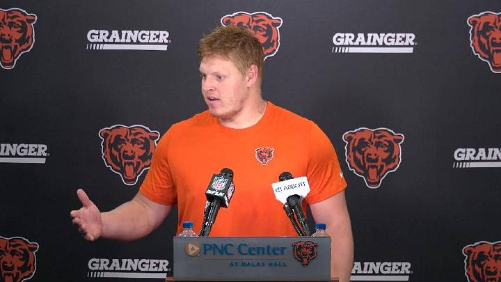 Bears rookie defensive tackle Jordan van den Berg gets across his point after practice Thursday at Halas Hall. Bears rookie defensive tackle Jordan van den Berg gets across his point after practice Thursday at Halas Hall.