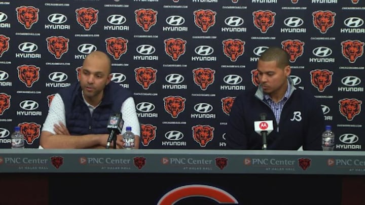Assistant GM Ian Cunningham (left) and GM Ryan Poles address the media at Halas Hall about the draft. Assistant GM Ian Cunningham (left) and GM Ryan Poles address the media at Halas Hall about the draft.