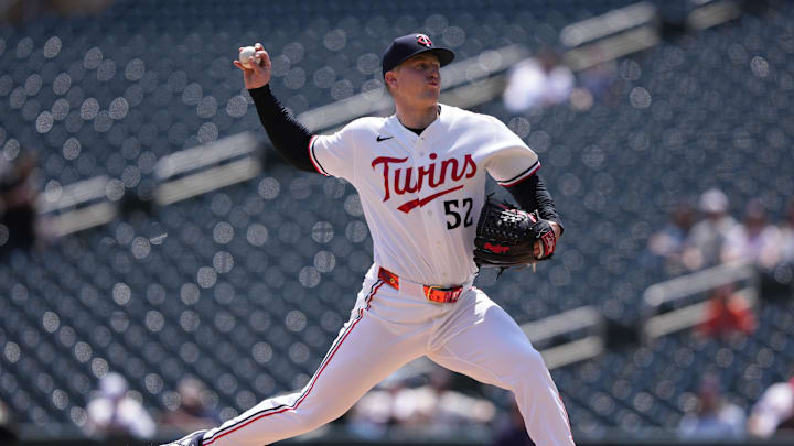 May 14, 2026; Minneapolis, Minnesota, USA; Minnesota Twins pitcher Zebby Matthews (52) pitches during the first inning against the Miami Marlins at Target Field. Mandatory Credit: Jordan Johnson-Imagn Images