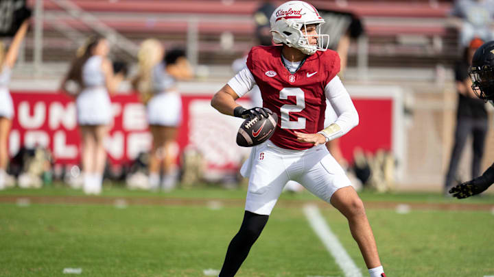 Oct 26, 2024; Stanford, California, USA; Stanford Cardinal quarterback Elijah Brown (2) drops back to throw against the Wake Forest Demon Deacons during the first quarter at Stanford Stadium. Mandatory Credit: Neville E. Guard-Imagn Images Oct 26, 2024; Stanford, California, USA; Stanford Cardinal quarterback Elijah Brown (2) drops back to throw against the Wake Forest Demon Deacons during the first quarter at Stanford Stadium. Mandatory Credit: Neville E. Guard-Imagn Images