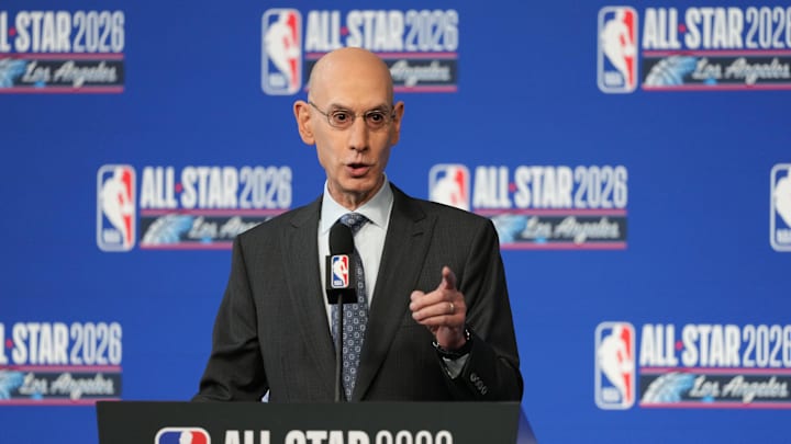 Feb 14, 2026; Los Angeles, CA, USA; NBA commissioner Adam Silver speaks to the media during a press conference before 2026 NBA All Star Saturday Night at Intuit Dome. Mandatory Credit: Kirby Lee-Imagn Images