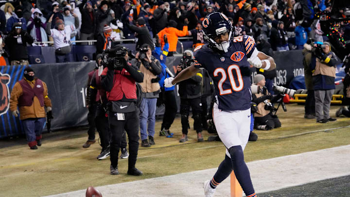 Dec 20, 2025; Chicago, Illinois, USA; Chicago Bears wide receiver Jahdae Walker (20) celebrates after catching a six-yard touchdown pass thrown by quarterback Caleb Williams (not pictured) against the Green Bay Packers with twenty-four seconds remaining in the fourth quarter at Soldier Field.  Mandatory Credit: David Banks-Imagn Images