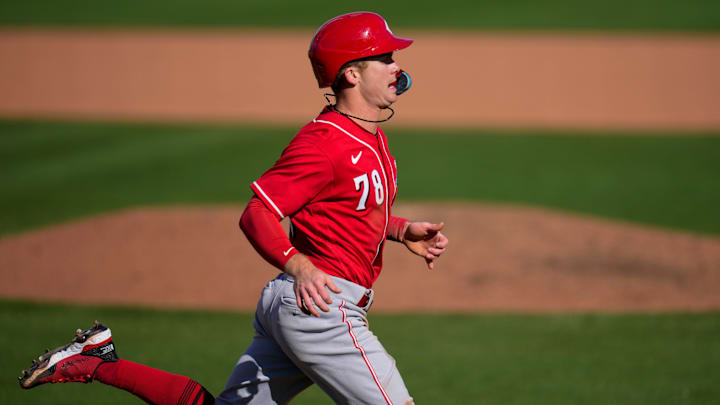Cincinnati Reds shortstop Matt McClain (78) comes in to score on a Henry Ramos single in the eighth inning of the MLB Cactus League spring training game between the San Francisco Giants and the Cincinnati Reds at Scottsdale Stadium in Goodyear, Ariz., on Sunday, Feb. 26, 2023. The Giants came back in the ninth inning to win on a walk-off single off the bat of Will Wilson.
Cincinnati Reds At San Francisco Giants Spring Training Cincinnati Reds shortstop Matt McClain (78) comes in to score on a Henry Ramos single in the eighth inning of the MLB Cactus League spring training game between the San Francisco Giants and the Cincinnati Reds at Scottsdale Stadium in Goodyear, Ariz., on Sunday, Feb. 26, 2023. The Giants came back in the ninth inning to win on a walk-off single off the bat of Will Wilson.
Cincinnati Reds At San Francisco Giants Spring Training