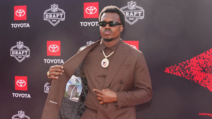 Apr 23, 2026; Pittsburgh, PA, USA; Miami Hurricanes defensive end Rueben Bain Jr. poses on the red carpet before the 2026 NFL Draft at Point State Park. Mandatory Credit: Kirby Lee-Imagn Images