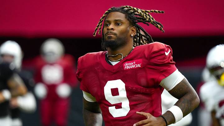 Cardinals wide receiver Ihmir Smith-Marsette (9) warms up during training camp at State Farm Stadium in Glendale on July 28, 2026.
