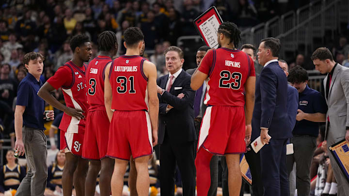 Feb 18, 2026; Milwaukee, Wisconsin, USA; St. John's basketball head coach Rick Pitino talks to players during a time out during the first half against the Marquette Golden Eagles at Fiserv Forum. Feb 18, 2026; Milwaukee, Wisconsin, USA; St. John's basketball head coach Rick Pitino talks to players during a time out during the first half against the Marquette Golden Eagles at Fiserv Forum.
