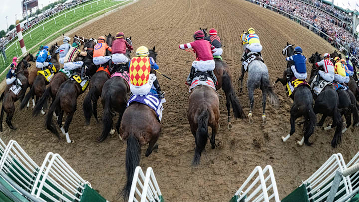 The field of horses rush out of the starting gate Saturday, May 4, 2024, during of the 150th running of the Kentucky Derby at Churchill Downs in Louisville, Kentucky.