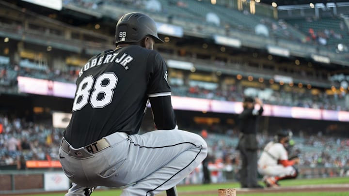 Aug 20, 2024; San Francisco, California, USA;  Chicago White Sox outfielder Luis Robert Jr. (88) prepares his bat during the first inning against the San Francisco Giants at Oracle Park.